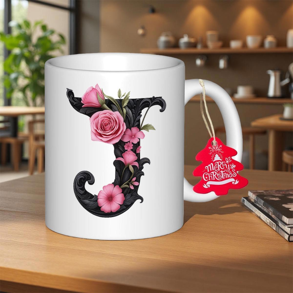 Tailorly White Ceramic 11 oz Mug - Merry Christmas Elegant Ornate Script Letter J Decorated With Pink Roses Among Small Petals Monogram