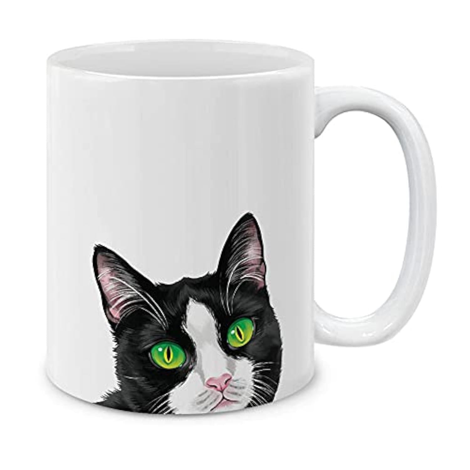 Tailorly White Ceramic 11 oz Mug - Curious Peeking Tuxedo Feline With Piercing Vibrant Green Eyes Cat