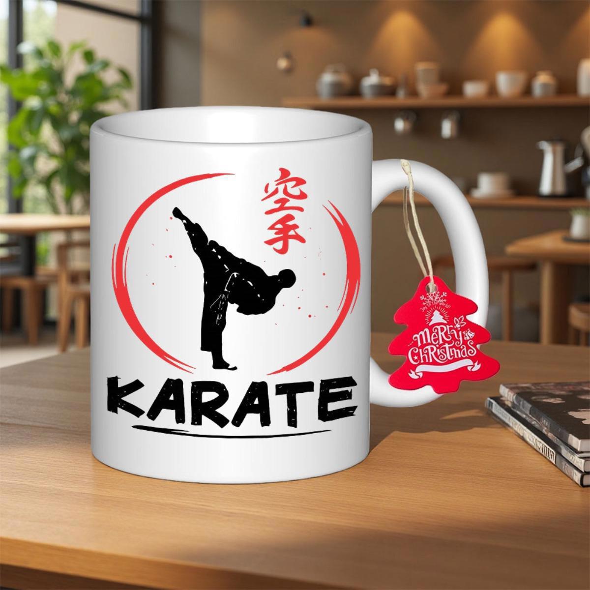 Tailorly White Ceramic 11 oz Mug - Karate Dynamic Black Silhouette Performing High Kick Within Red Brush Stroke Karateka
