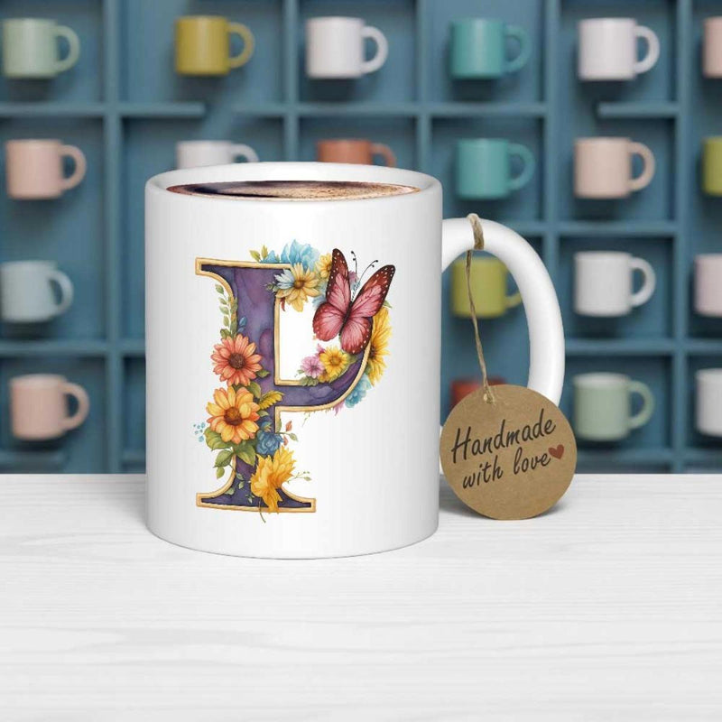 Tailorly White Ceramic 11 oz Mug - Handmade With Love Elegant Floral Letter P With Sunflowers And Butterfly Monogram