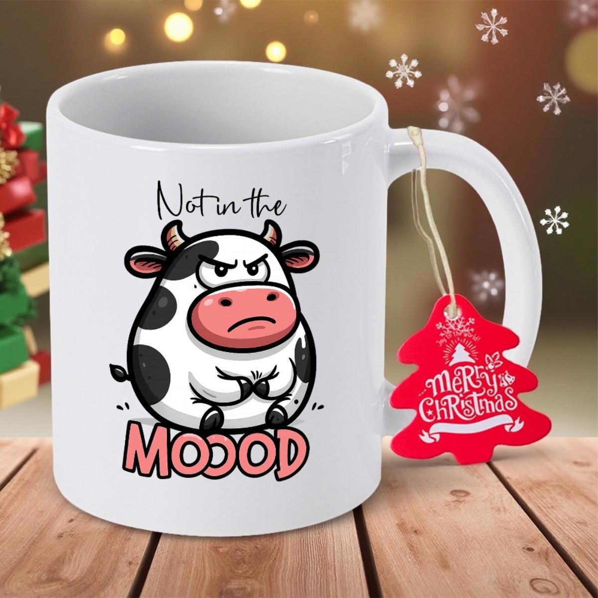 Tailorly White Ceramic 11 oz Mug - Not In The MOOOD Grumpy Cartoon Animal With Black Spots Sitting Cross Armed Ceramic Cow