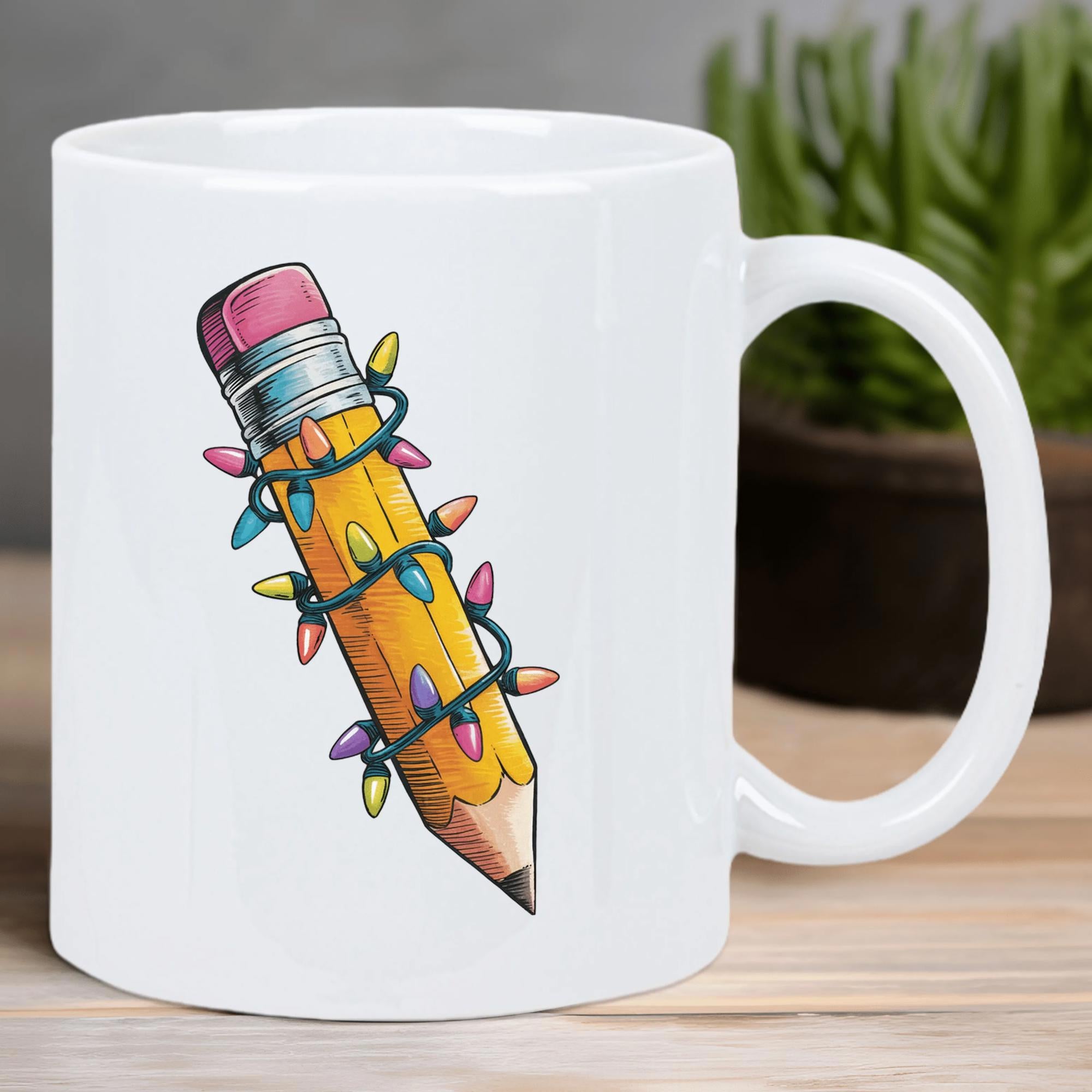 Tailorly White Ceramic 11 oz Mug - Artistic School Supplies Wrapped In Glowing Colorful Holiday Fairy Lights Decor Pencil