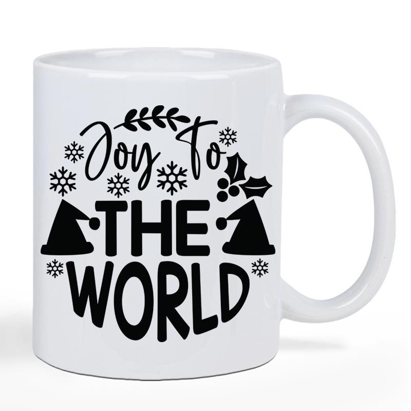 Tailorly White Ceramic 11 oz Mug - Joy To The World Snowy Christmas Theme With Festive Holly Leaves And Delicate Falling Snowflakes Santa Hat