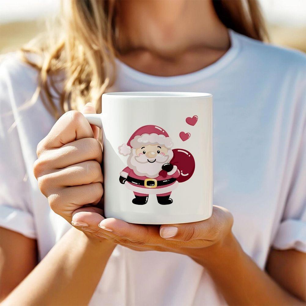 Tailorly White Ceramic 11 oz Mug - Cheerful Cartoon Holiday Figure Carrying A Sack With Pink Floating Hearts Santa