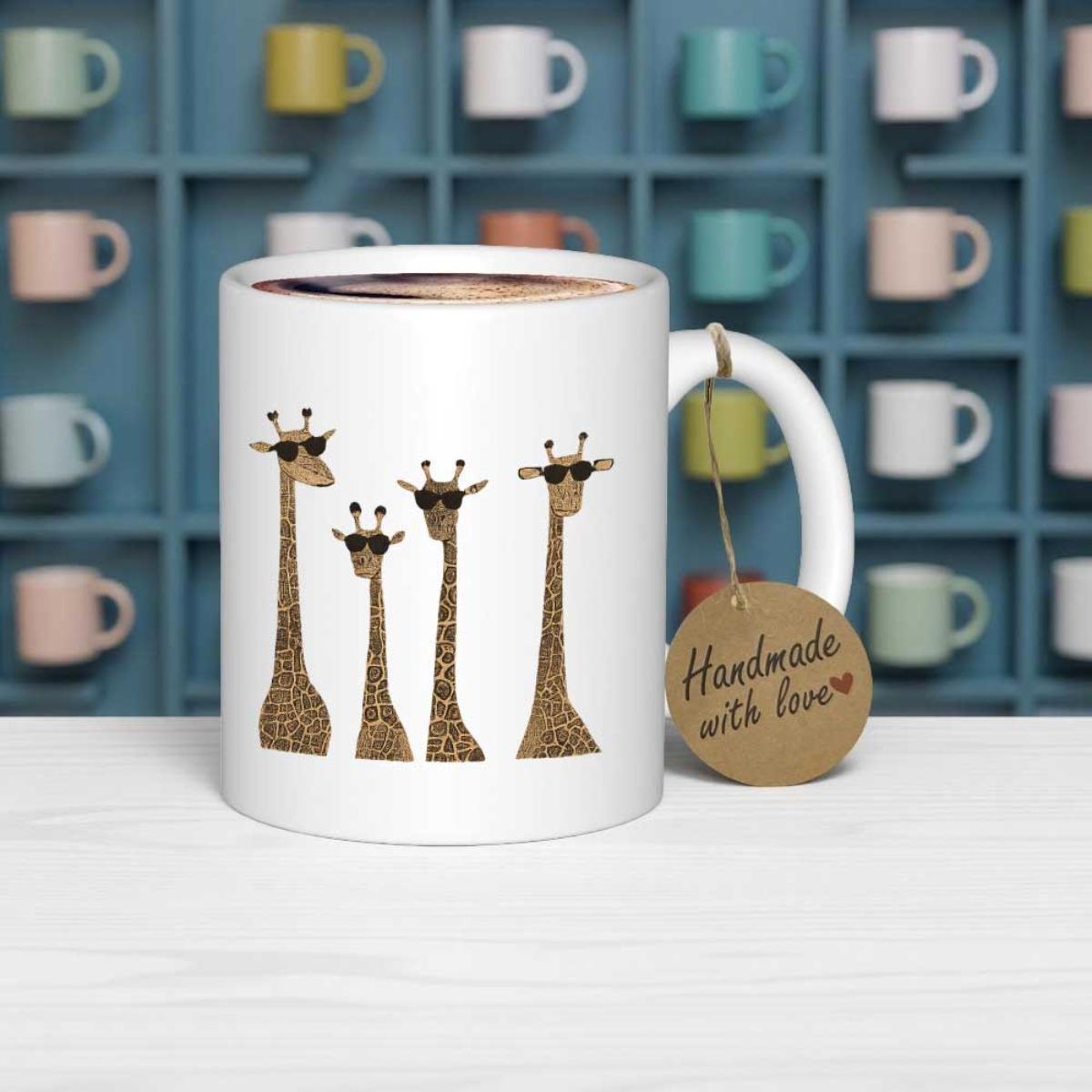 Tailorly White Ceramic 11 oz Mug - Four Cool Stylized Safari Animals Wearing Dark Sunglasses Standing Together Giraffe