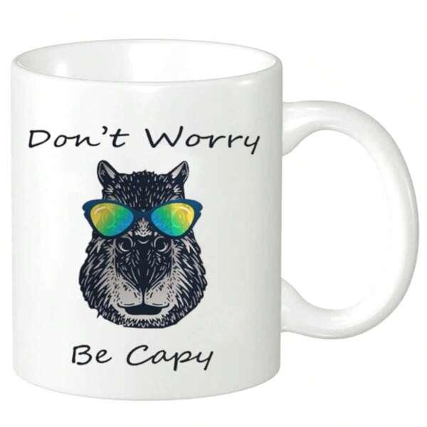 Tailorly White Ceramic 11 oz Mug - Dont Worry Be Capy Stylized Animal Portrait Wearing Vibrant Colorful Reflective Mirror Shades Looking Forward Capybara