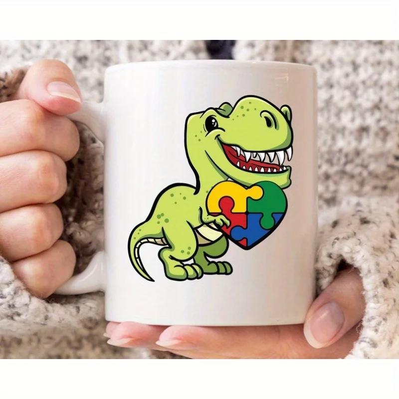 Tailorly White Ceramic 11 oz Mug - Friendly Green Cartoon Dinosaur Holding Vibrant Colorful Puzzle Piece Heart Dinosaur