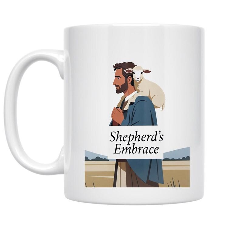 Tailorly White Ceramic 11 oz Mug - Shepherds Embrace Faithful Man Carrying Little Lamb On Shoulders Amidst Open Fields Shepherd