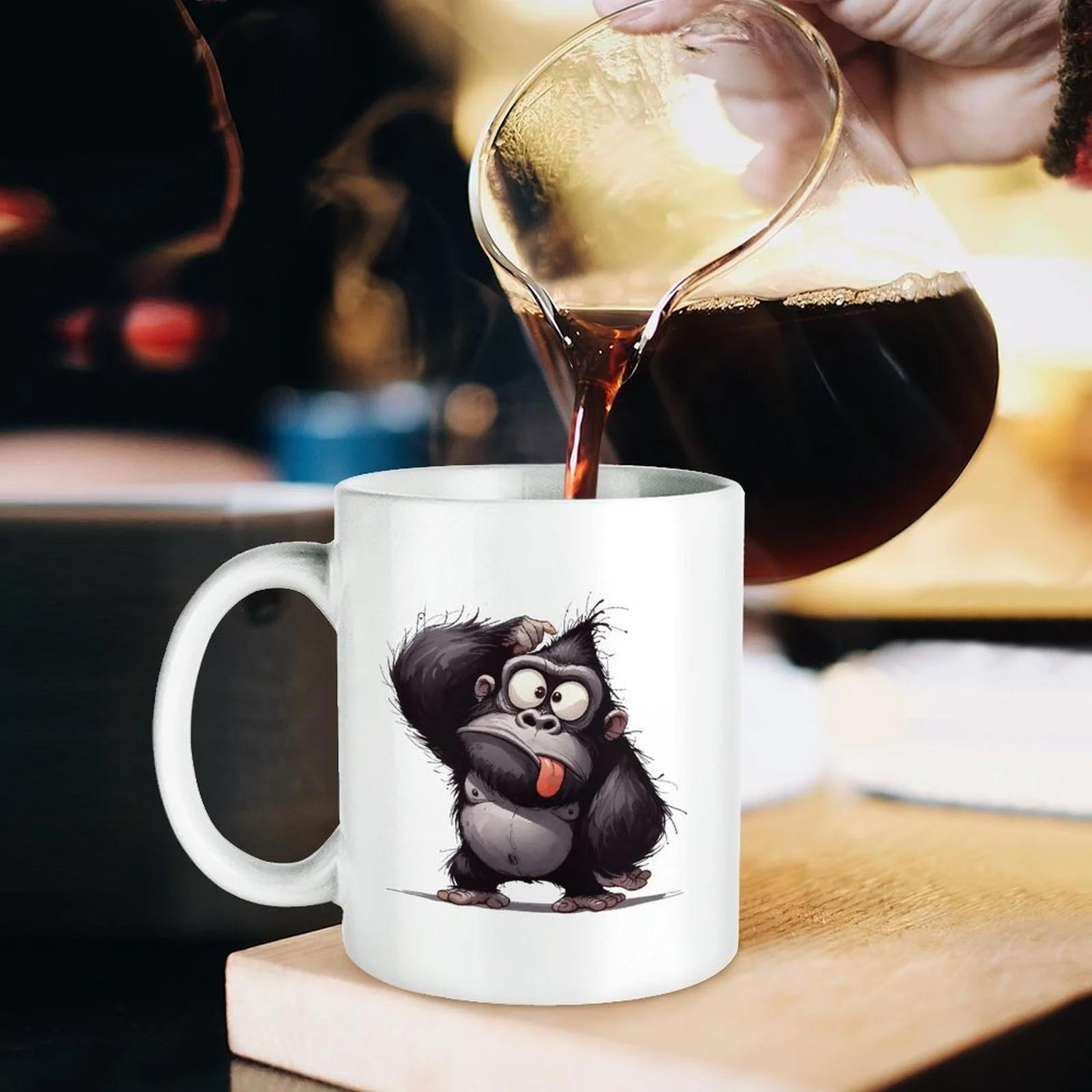 Tailorly White Ceramic 11 oz Mug - Cartoon Style With Big Eyes Scratching Head Confused Looking Funny Animal Gorilla