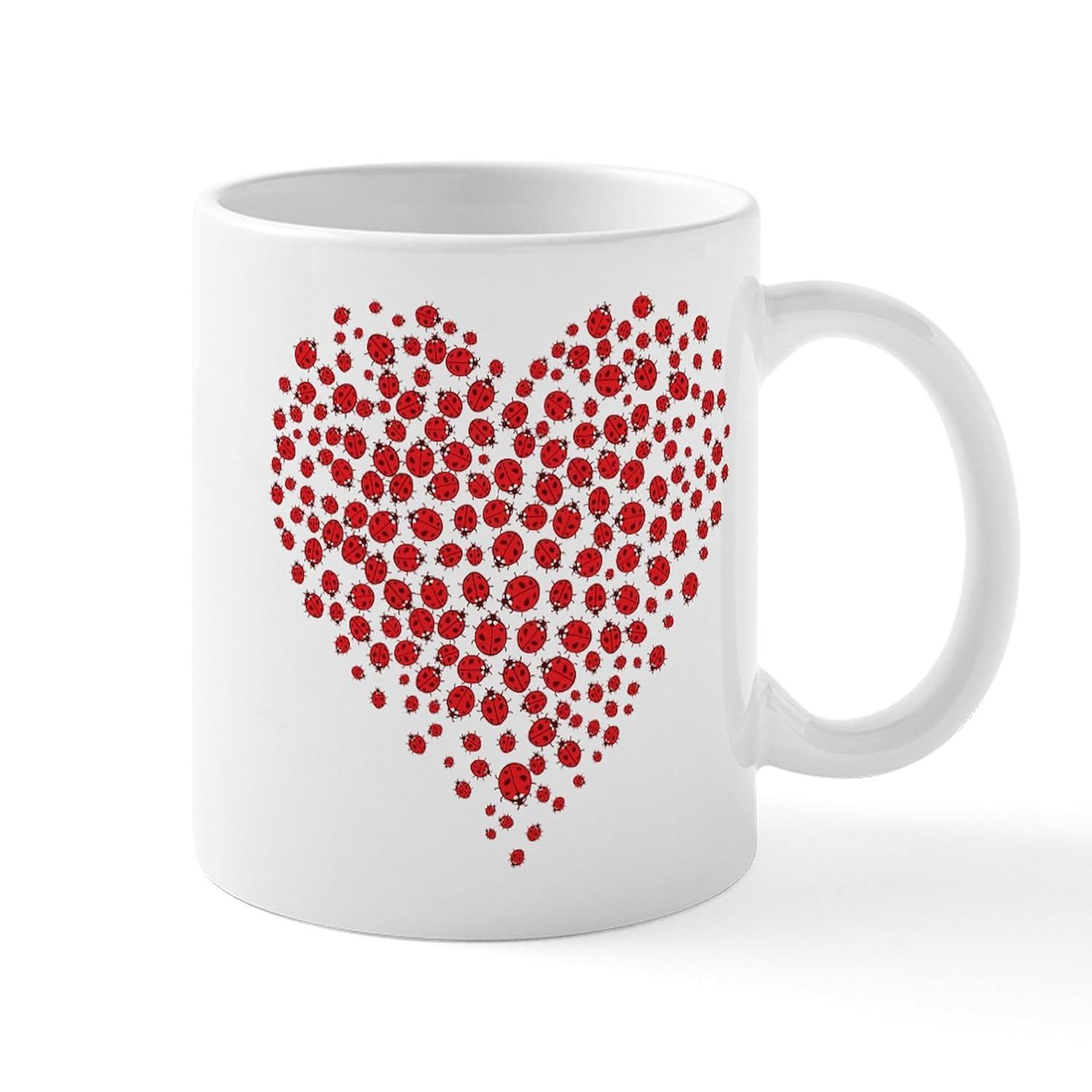 Tailorly White Ceramic 11 oz Mug - Vibrant Red Ladybugs Arranged Into A Large Loving Decorative Heart