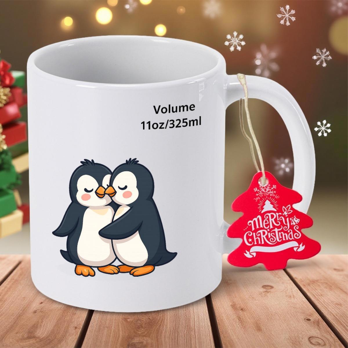 Tailorly White Ceramic 11 oz Mug - Volume Two Adorable Cartoon Penguins Hugging Each Other In Sweet Winter Embrace Penguin