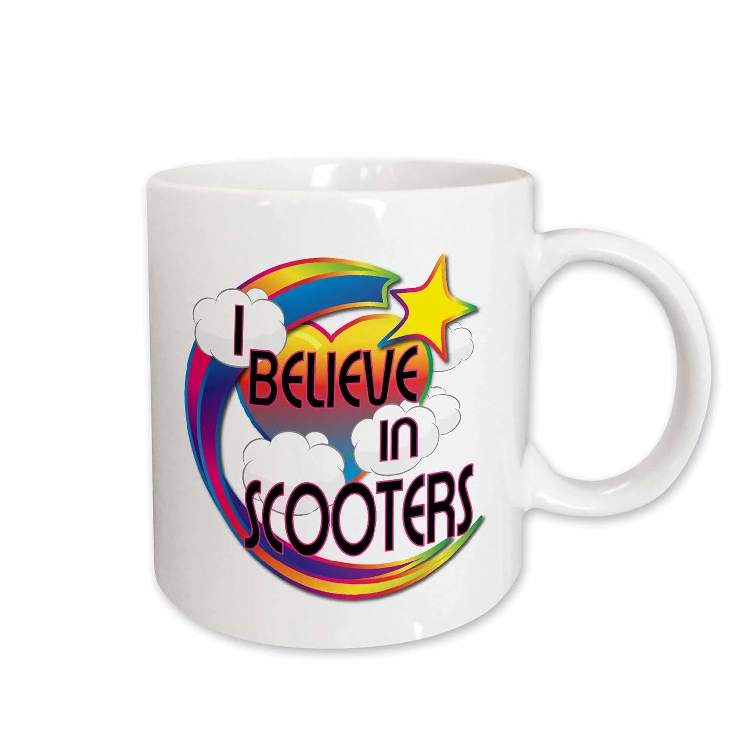 Tailorly White Ceramic 11 oz Mug - I Believe In Scooters Vibrant Arched Rainbow Among Clouds And A Shining Golden Star Rainbow