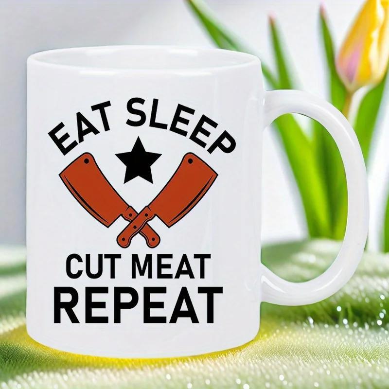 Tailorly White Ceramic 11 oz Mug - Eat Sleep Cut Meat Repeat Artistic Crossed Butcher Knives Featuring A Central Dark Bold Star Cleaver