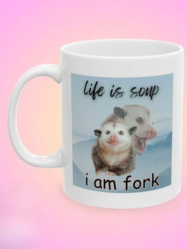 Tailorly White Ceramic 11 oz Mug - Life Is Soup I Am Fork Funny Screaming Creatures Over Misty Blue Mountain Scenery Opossum
