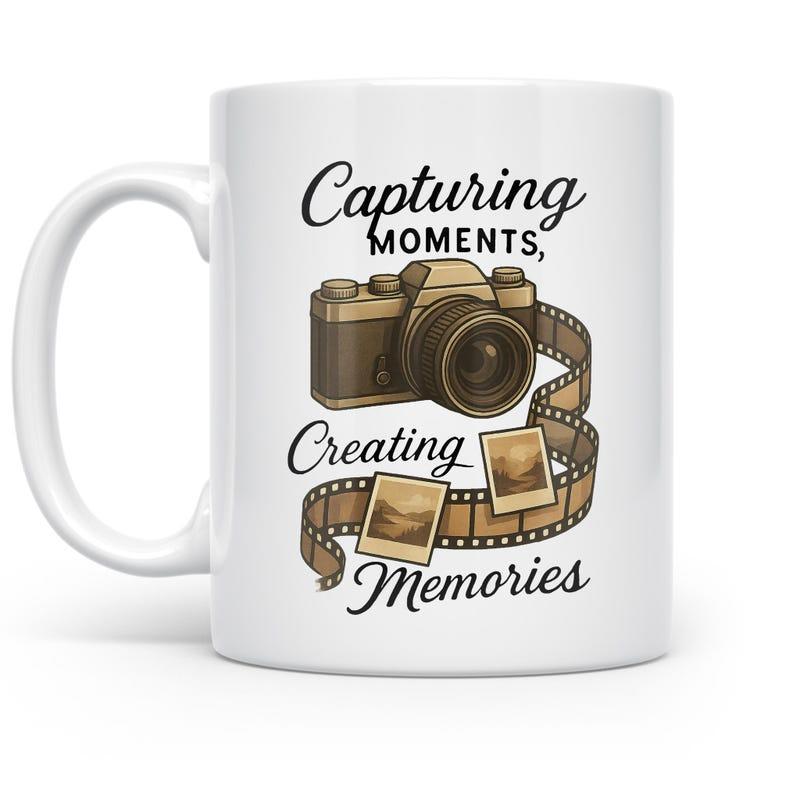 Tailorly White Ceramic 11 oz Mug - Capturing Moments Creating Memories Vintage Style Camera With Winding Film Strip And Tiny Photos Camera