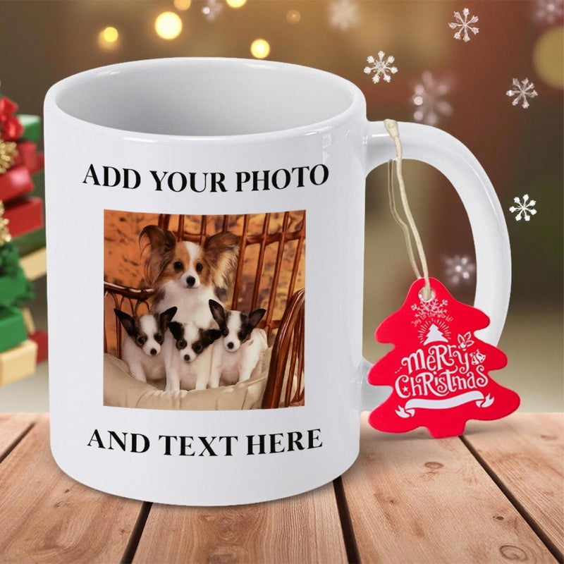 Tailorly White Ceramic 11 oz Mug - Add Your Photo And Text Here Merry Christmas Adorable Small Puppies Sitting Together Inside A Cozy Wicker Basket Puppy