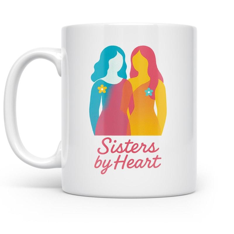 Tailorly White Ceramic 11 oz Mug - Sisters By Heart Colorful Stylized Silhouettes Of Two Female Friends With Flower Symbols Sisters