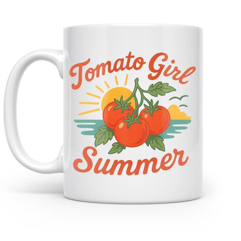 Tailorly White Ceramic 11 oz Mug - Tomato Girl Summer Fresh Ripe Red Vegetables Growing On Vine Under Warm Glowing Sun Tomato