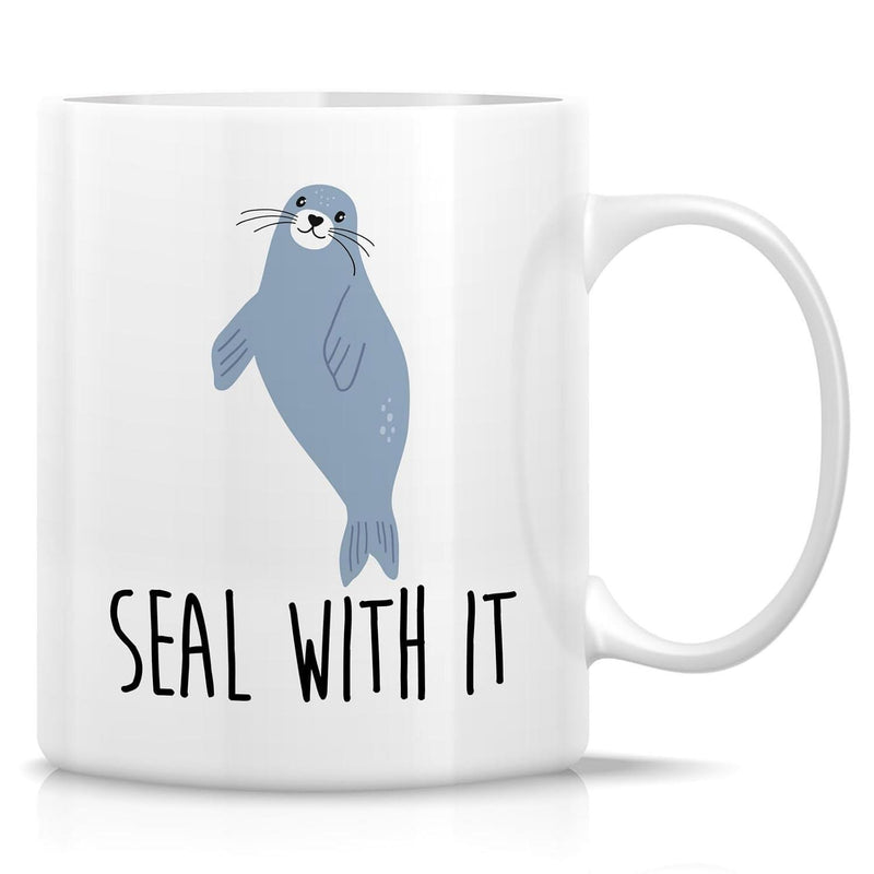 Tailorly White Ceramic 11 oz Mug - Seal With It Adorable Grey Cartoon Marine Animal Smiling On Clean Ceramic Background Seal
