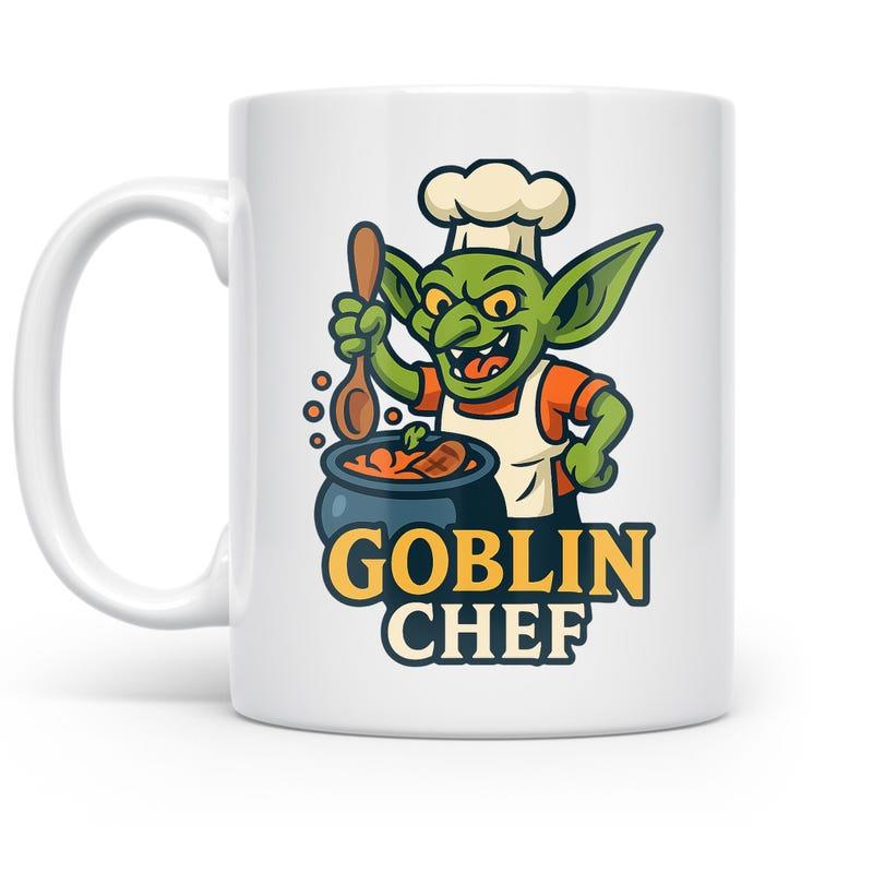 Tailorly White Ceramic 11 oz Mug - Goblin Chef Playful Green Creature Wearing White Chef Hat Stirring A Hot Cooking Pot Goblin