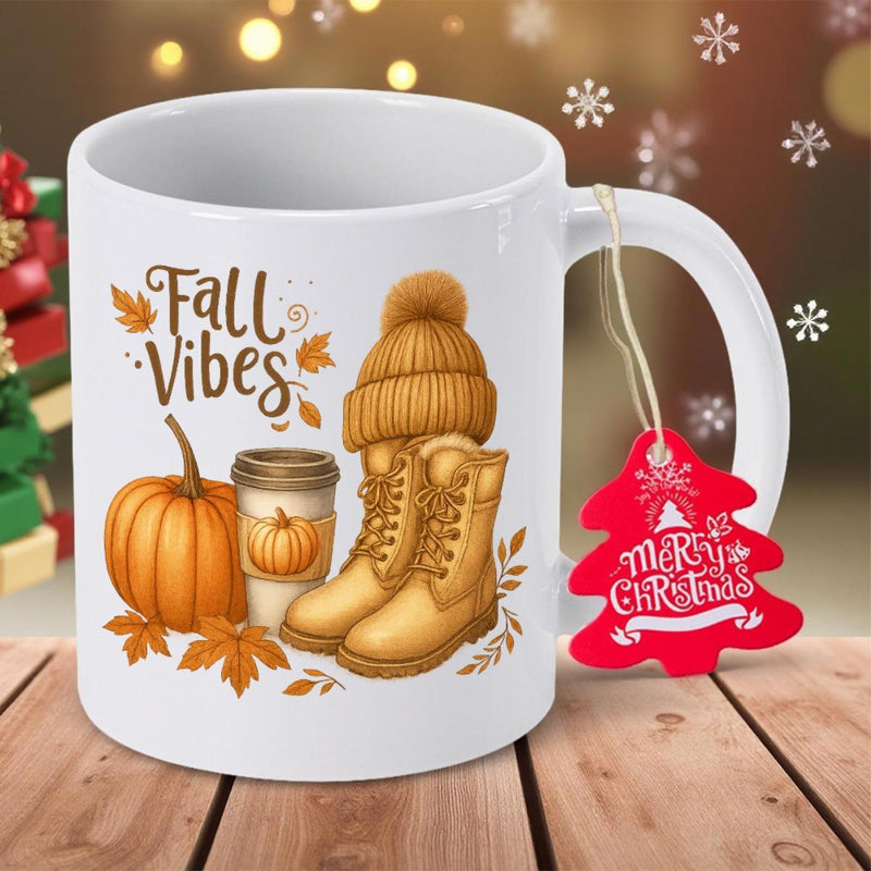 Tailorly White Ceramic 11 oz Mug - Fall Vibes Cozy Autumn Elements With Warm Boots And Coffee Pumpkin