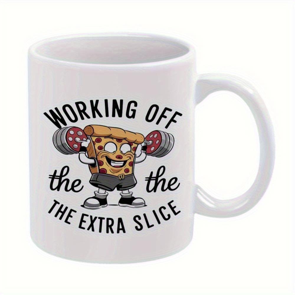 Tailorly White Ceramic 11 oz Mug - Working Off The Extra Slice Energetic Cartoon Character Lifting Pepperoni Barbell Weights In Fitness Pose Pizza