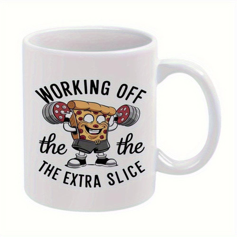 Tailorly White Ceramic 11 oz Mug - Working Off The Extra Slice Energetic Cartoon Character Lifting Pepperoni Barbell Weights In Fitness Pose Pizza