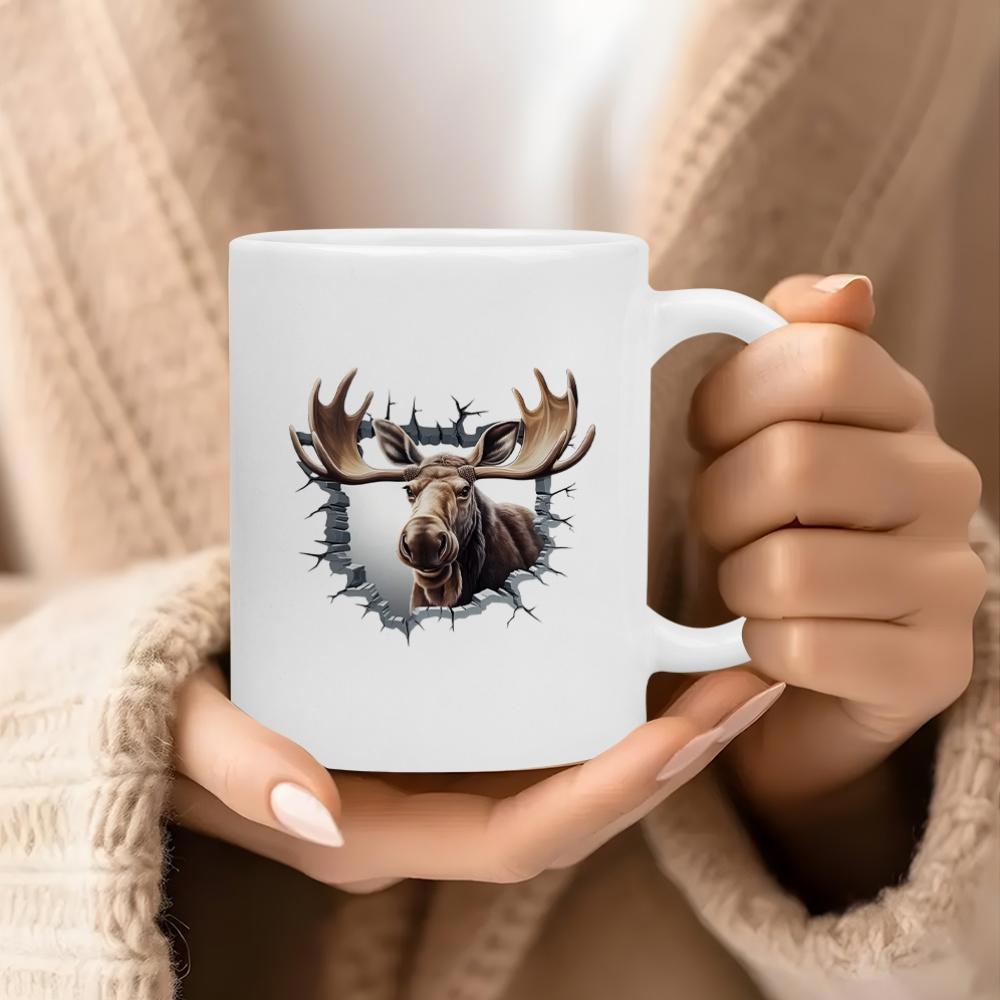 Tailorly White Ceramic 11 oz Mug - Majestic Wild Animal With Large Antlers Bursting Through A Cracked Wall Moose