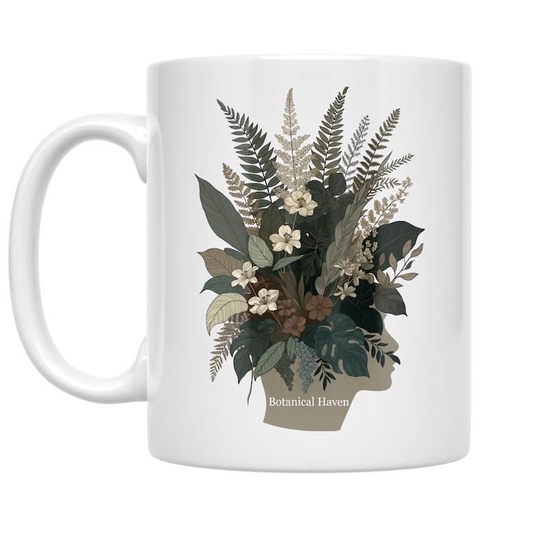 Tailorly White Ceramic 11 oz Mug - Botanical Bloom Earthy Tones Fern Leaves And Flowers Growing From Human Silhouette