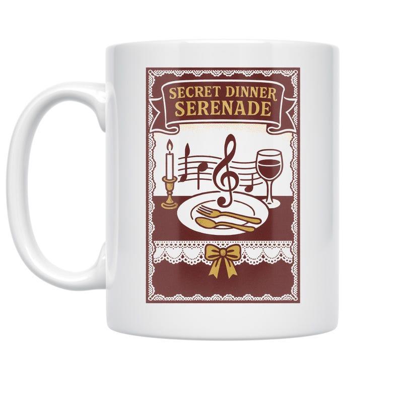 Tailorly White Ceramic 11 oz Mug - Secret Dinner Serenade Classic Vintage Dining Elements Featuring Musical Notes And Bow Illustration