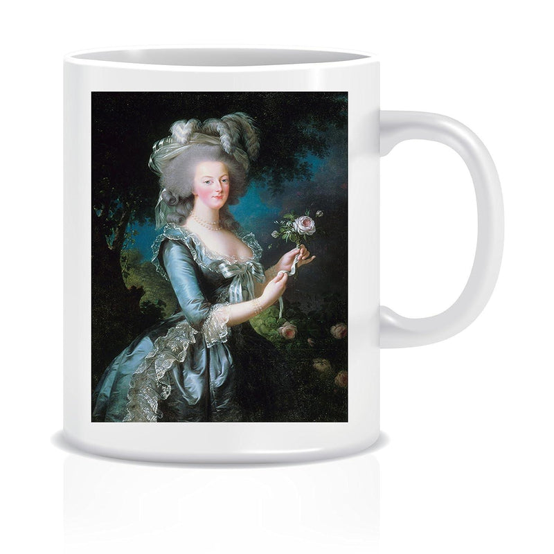 Tailorly White Ceramic 11 oz Mug - Elegant Historical Lady In Blue Silk Dress Holding A Rose Portrait