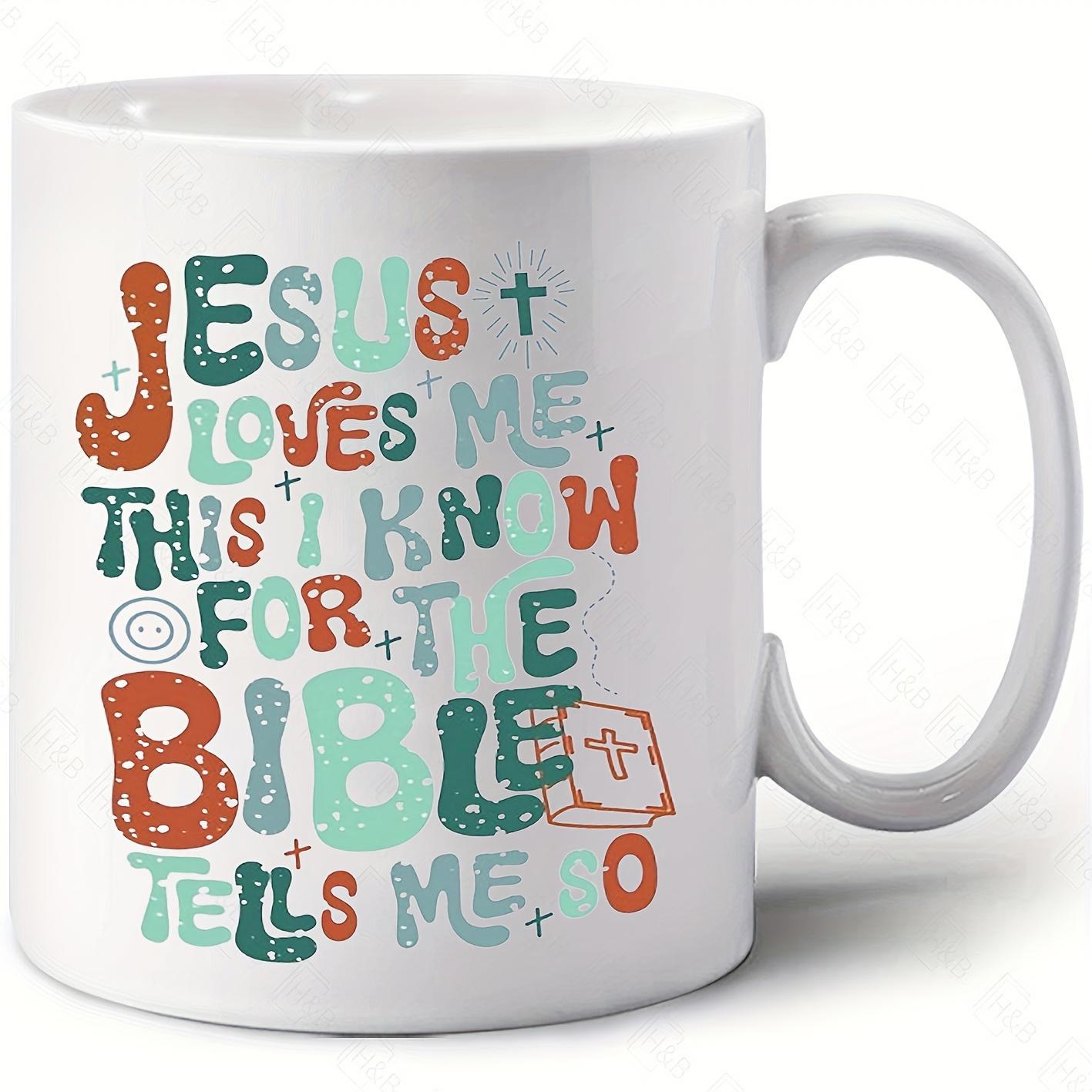 Tailorly White Ceramic 11 oz Mug - Jesus Loves Me This I Know For The Bible Tells Me So Colorful Retro Typography Featuring Tiny Stars And Sacred Religious Bible