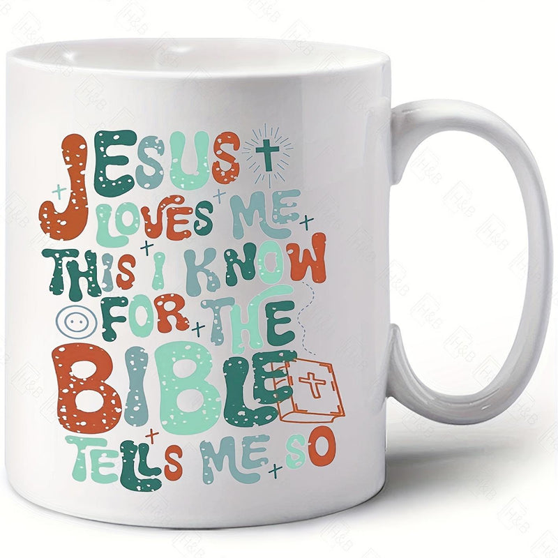 Tailorly White Ceramic 11 oz Mug - Jesus Loves Me This I Know For The Bible Tells Me So Colorful Retro Typography Featuring Tiny Stars And Sacred Religious Bible