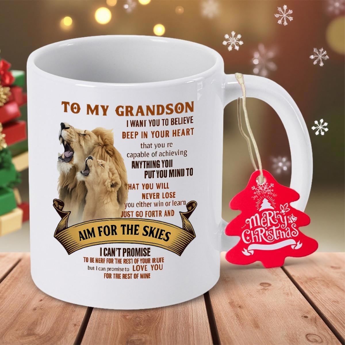 Tailorly White Ceramic 11 oz Mug - To My Grandson Aim For The Skies Majestic Roaring Father With Gentle Cub Resting Under Golden Sunlight Lion