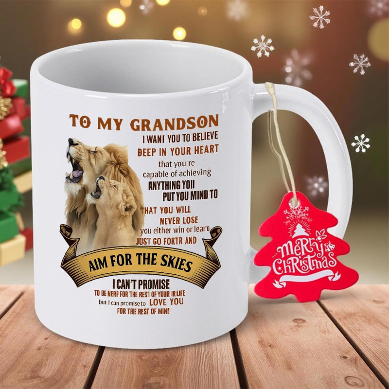 Tailorly White Ceramic 11 oz Mug - To My Grandson Aim For The Skies Majestic Roaring Father With Gentle Cub Resting Under Golden Sunlight Lion