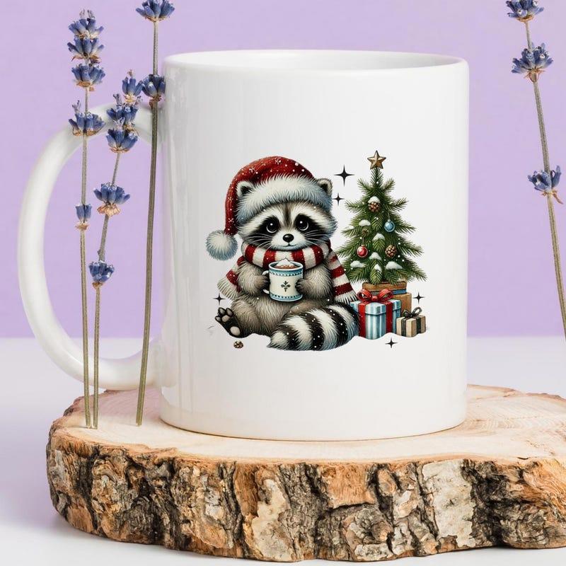 Tailorly White Ceramic 11 oz Mug - Charming Festive Raccoon Wearing Santa Hat Among Presents Under Christmas Tree Raccoon