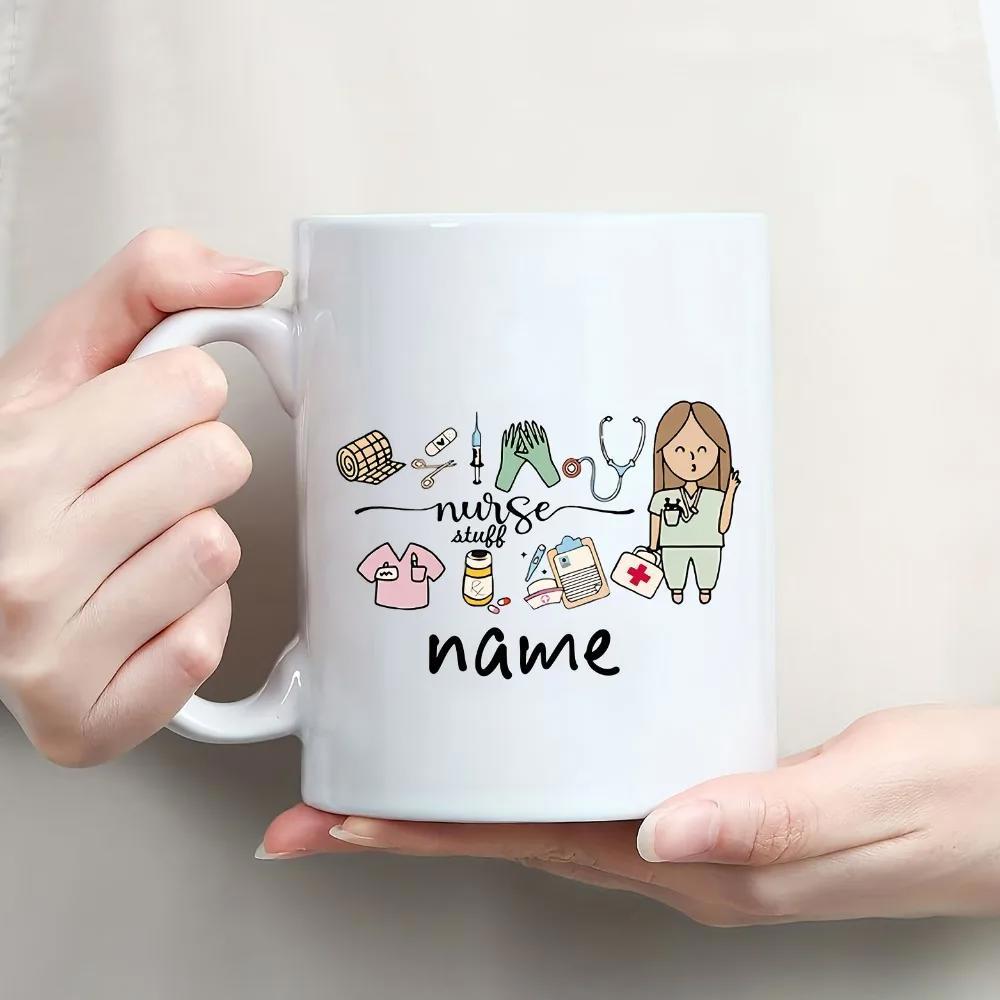 Tailorly White Ceramic 11 oz Mug - Nurse Stuff Name Hand Drawn Medical Elements And Tools Surrounding A Dedicated Nurse