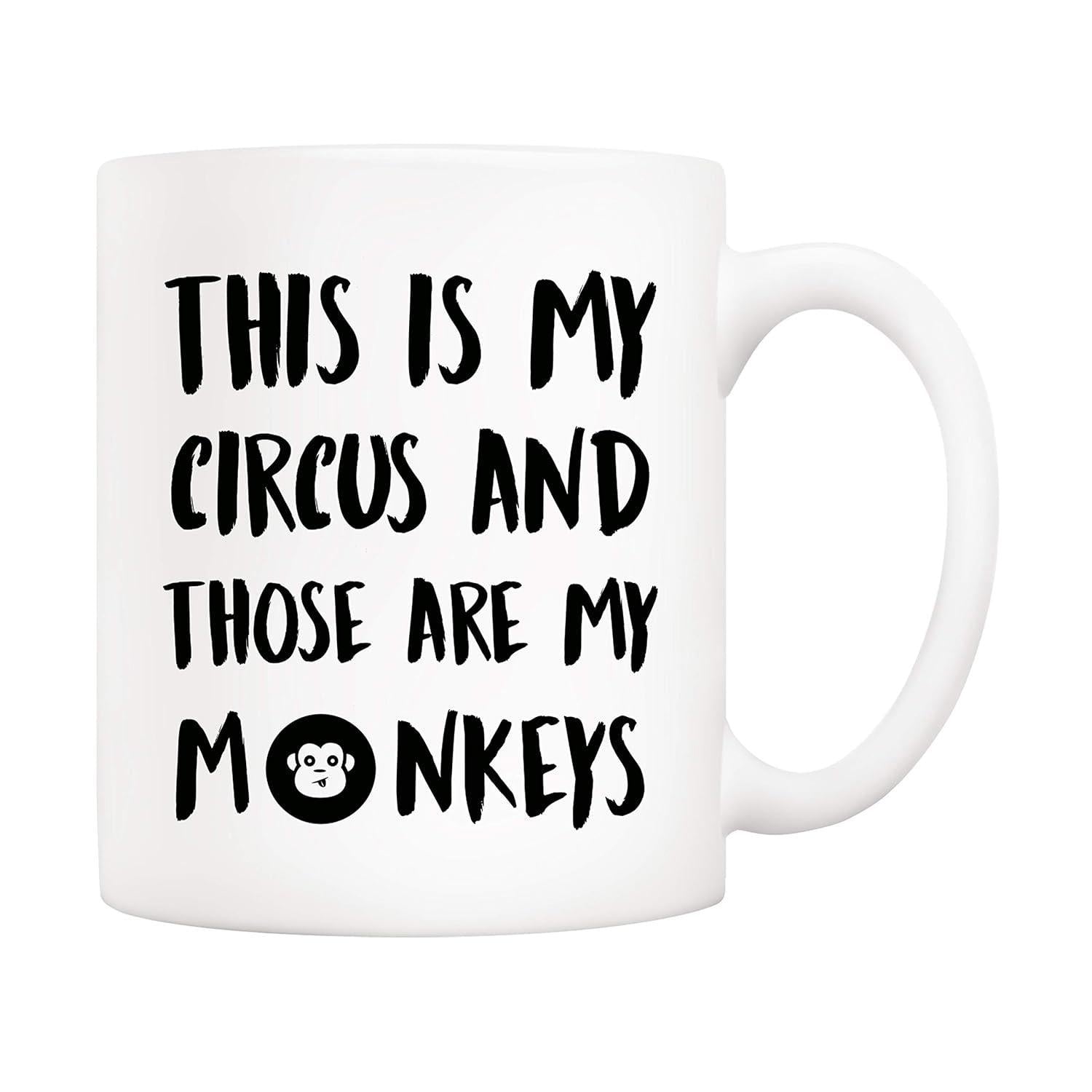 Tailorly White Ceramic 11 oz Mug - This Is My Circus And Those Are My Monkeys Minimalist Black Ink Hand Drawn Script With Cute Small Monkey Face Icon Mug