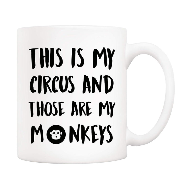 Tailorly White Ceramic 11 oz Mug - This Is My Circus And Those Are My Monkeys Minimalist Black Ink Hand Drawn Script With Cute Small Monkey Face Icon Mug