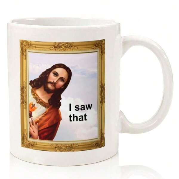 Tailorly White Ceramic 11 oz Mug - I Saw That Classical Sacred Heart Figure Peeking From Behind Golden Ornate Vintage Frame Jesus