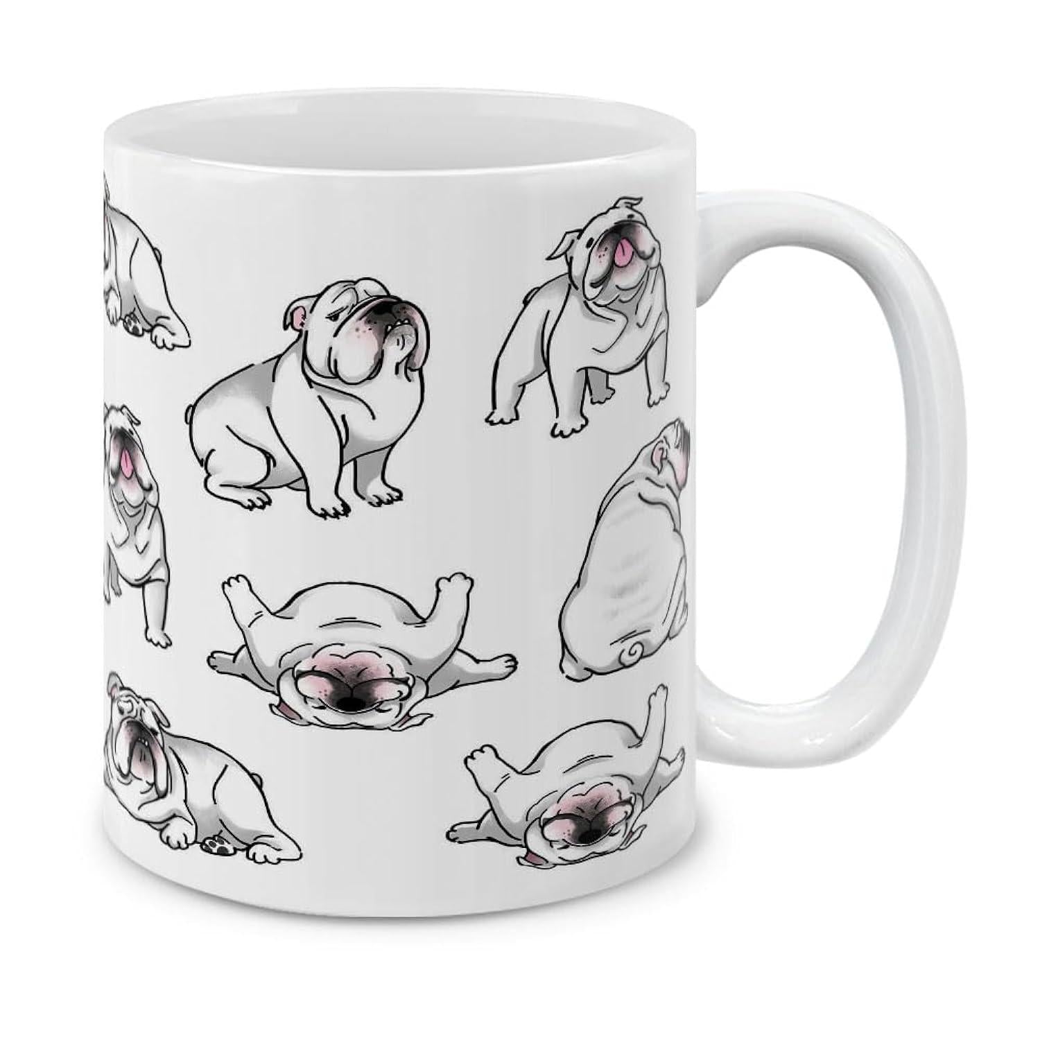 Tailorly White Ceramic 11 oz Mug - Adorable Hand Drawn Sketch Of Multiple Playful English Bulldog Characters Bulldog