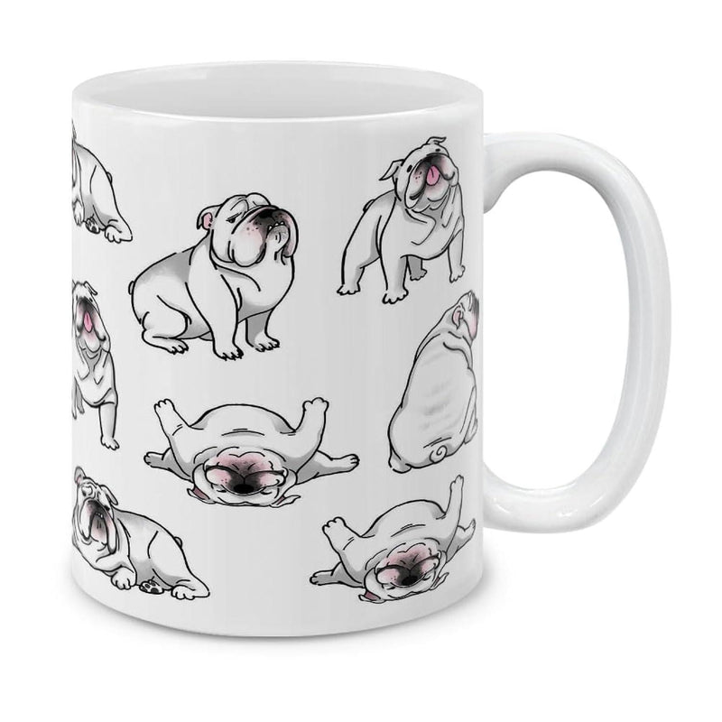 Tailorly White Ceramic 11 oz Mug - Adorable Hand Drawn Sketch Of Multiple Playful English Bulldog Characters Bulldog