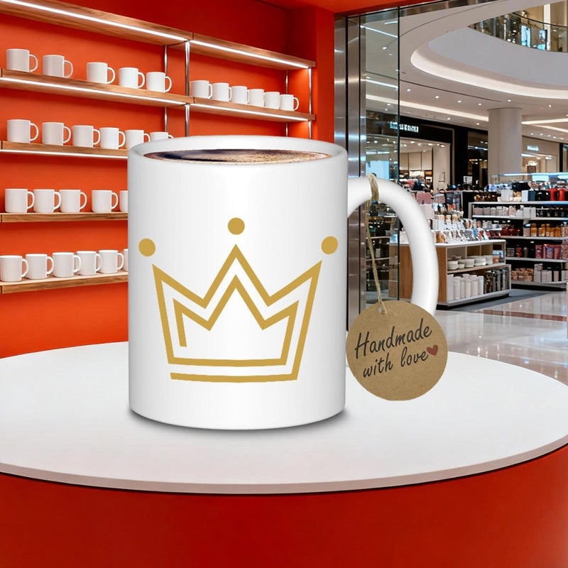 Tailorly White Ceramic 11 oz Mug - Handmade With Love Minimalist Golden Double Line Royal Symbol Elegant Coffee Crown