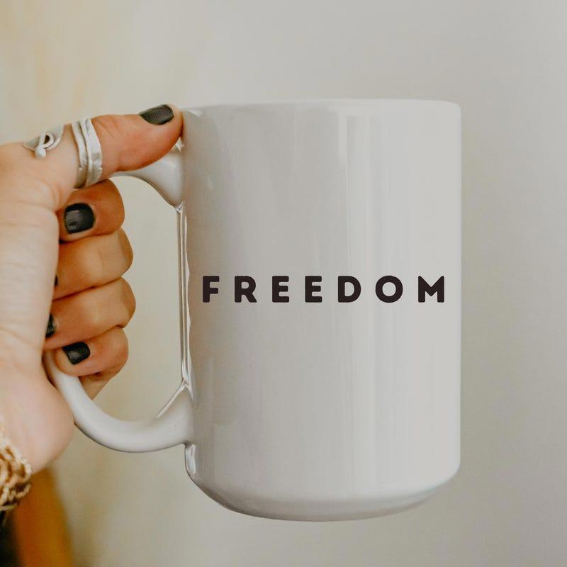 Tailorly White Ceramic 11 oz Mug - Freedom Simple Minimalist Style Featuring Bold Black Text Over