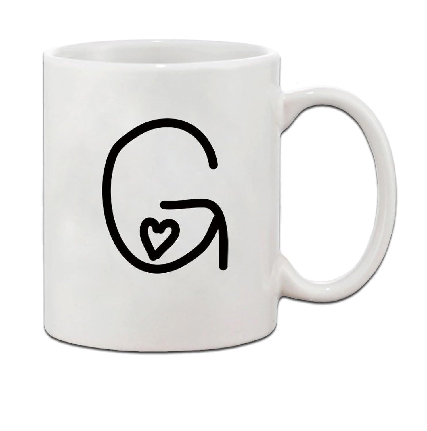 Tailorly White Ceramic 11 oz Mug - G Minimalist Hand Drawn Black Ink Style With Tiny Heart Detail Letter