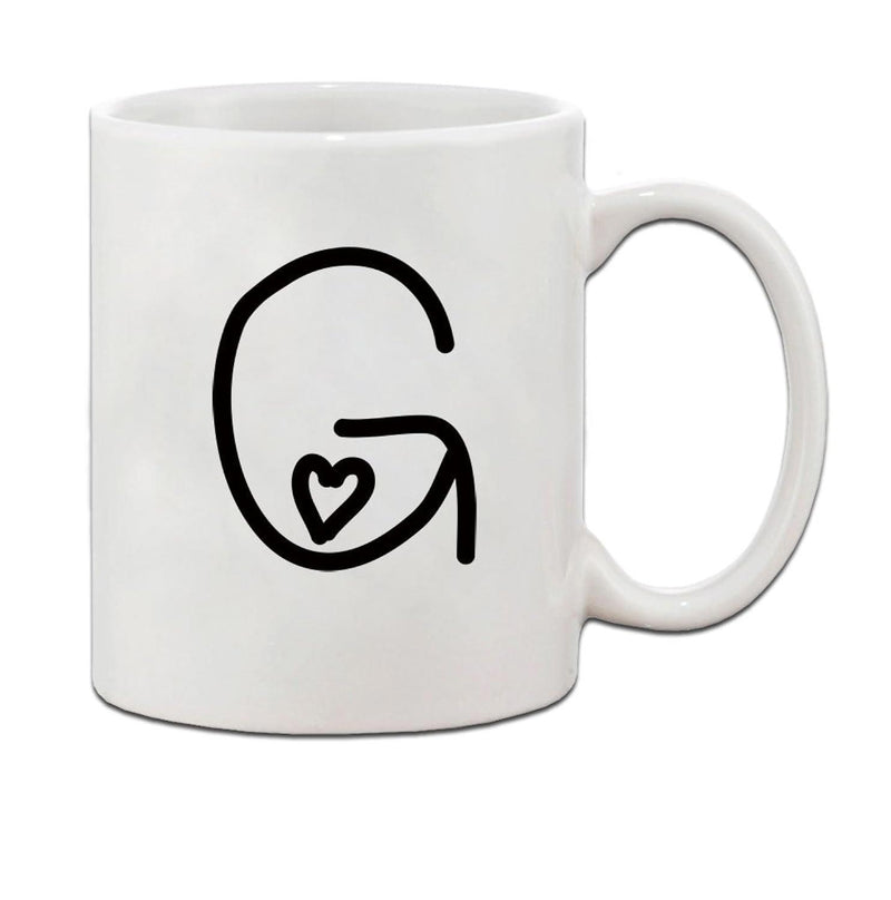 Tailorly White Ceramic 11 oz Mug - G Minimalist Hand Drawn Black Ink Style With Tiny Heart Detail Letter