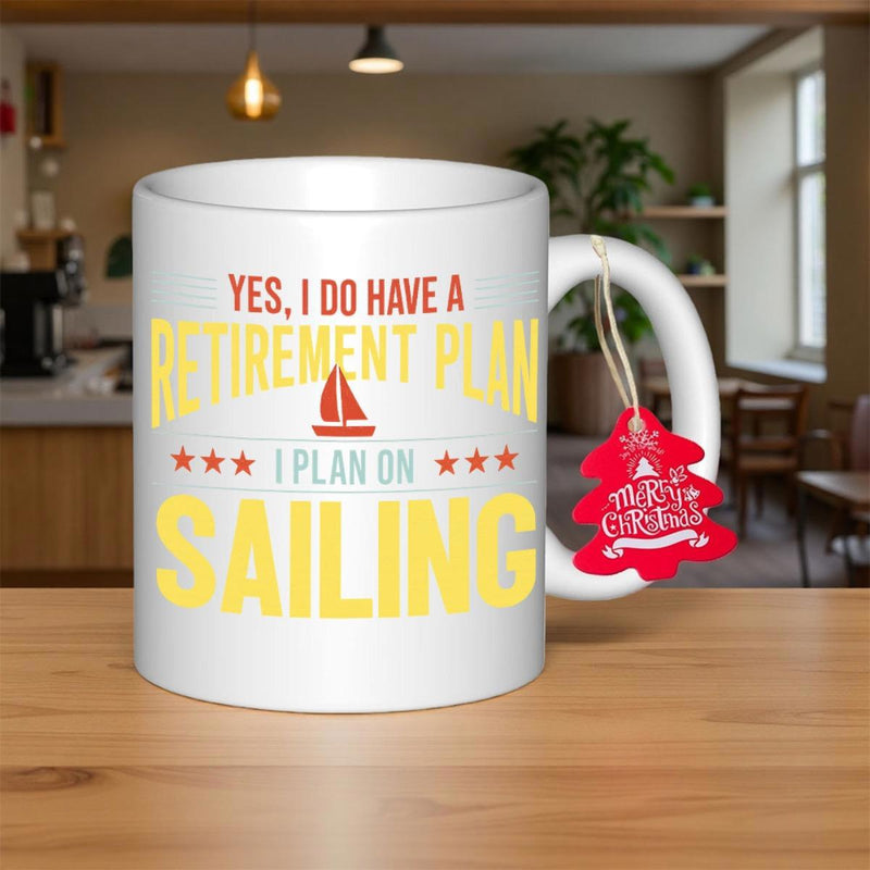 Tailorly White Ceramic 11 oz Mug - Yes I Do Have A Retirement Plan I Plan On Sailing Simple Red Silhouette Floating Among Decorative Stars And Vibrant Text