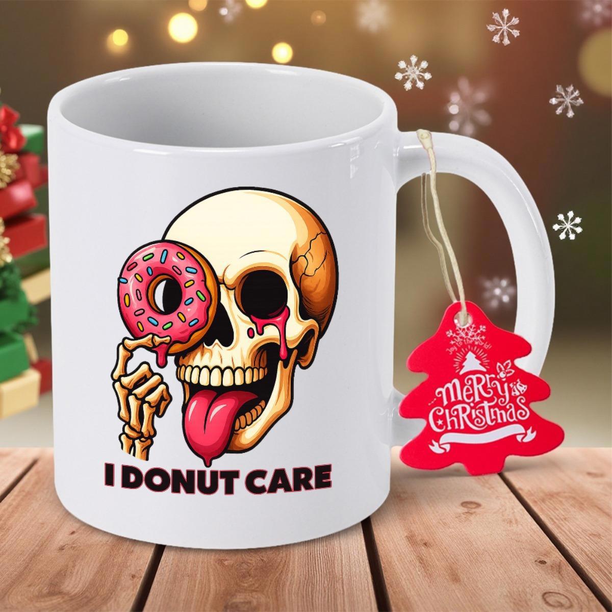 Tailorly White Ceramic 11 oz Mug - I Donut Care Cartoonish Skeleton With Pink Donut Over Eye And Red Tongue Skull