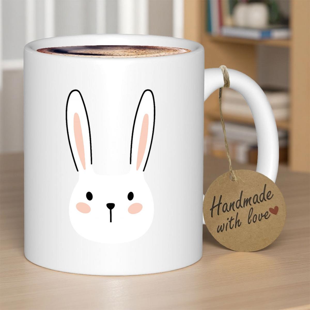 Tailorly White Ceramic 11 oz Mug - Handmade With Love Minimalist Cute Cartoon Animal Design With Long Ears And Pink Cheeks Rabbit