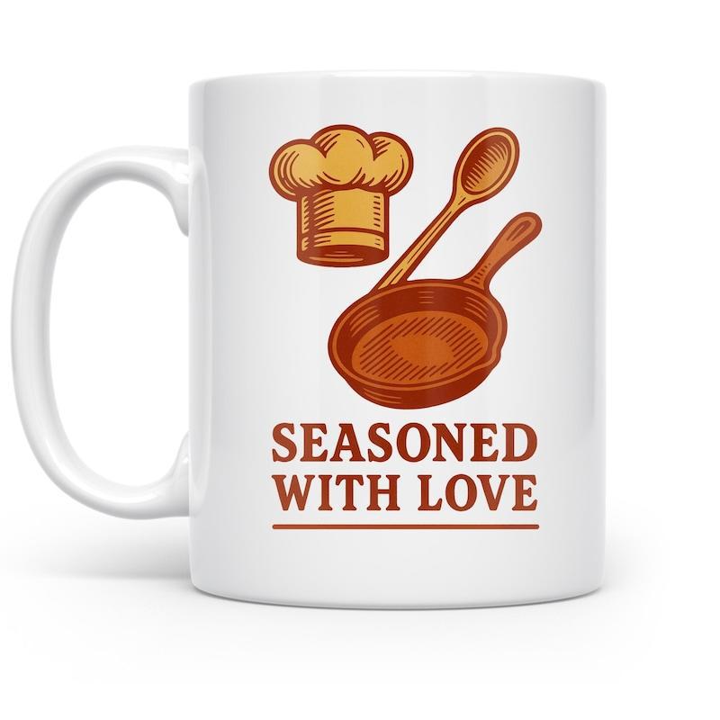 Tailorly White Ceramic 11 oz Mug - Seasoned With Love Artistic Kitchen Illustration Featuring Chef Hat Wooden Spoon And Frying Pan